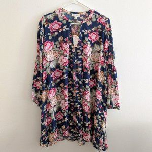 NWT Umgee Floral Bell Sleeve Shift Navy Oversized Dress Size Small